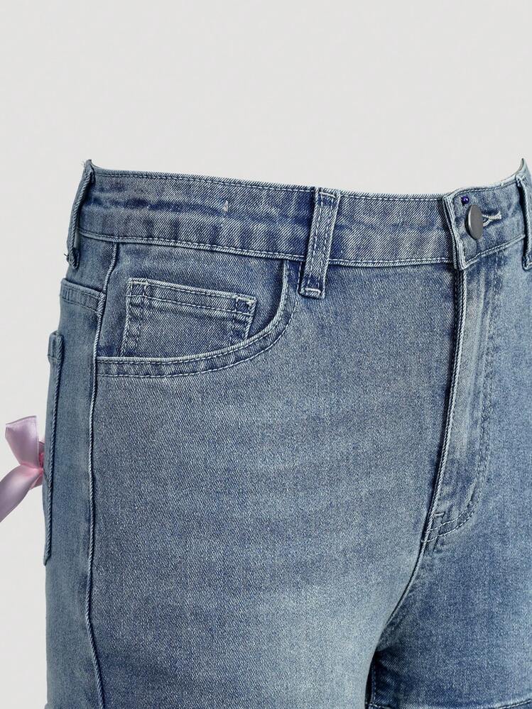 Shorts vaqueros de moda con ajuste elástico, bolsillos 3D y decoración de lazo para niñas preadolescentes en verano - Azul lavado medio - Añade 4