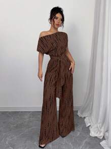 Elenzga 女士扎染印花不对称领蝙蝠袖连体裤，适合度假和日常生活的休闲装