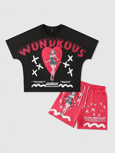 Conjunto de camiseta y pantalones cortos para hombre con estampado de personajes y eslóganes