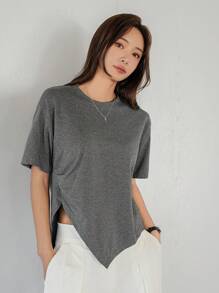 Dazy-Less Áo thun tay ngắn xẻ tà bất đối xứng dành cho nữ, thiết kế trang phục công sở thường ngày dành cho nữ - Màu xám đen - Xem 6