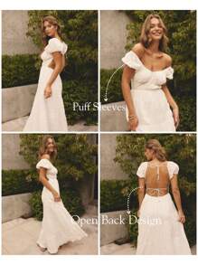 Aralina Boho Puff Sleeve Summer Beach Vacation Open Back Tiered Maxi Dress - White - View 13