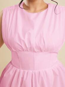 SHEIN BAE New Solid Color Plus Size Sleeveless Waist Cinched Long Maxi Slit Dress, Spring/Summer,Birthday Dresses For Women - Baby Pink - View 3