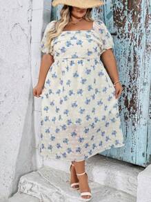 SHEIN CURVE+ 大码白色可爱度假乡村刺绣女装，蓝白花裙毕业礼服/女士毕业礼服/白色毕业礼服/毕业装。女士沙滩装/沙滩裙/沙滩度假装/沙滩必备品/毕业/茶会礼服