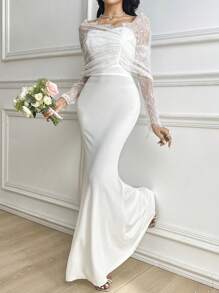 Modelyn Women's Lace Patchwork Asymmetrical Sleeve Dress