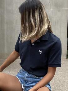 Livesso 蝴蝶刺绣 Polo 领短袖修身女式 T 恤夏季商务休闲女式学院风上衣 - 藏蓝色 - 查看 8