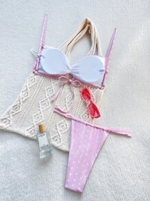 SHEIN Swim Bộ bikini xếp nếp in họa tiết chấm bi bãi biển mùa hè cho nữ, họa tiết ngẫu nhiên - Hồng - Xem 2