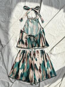 Breezaya Set de crop top + pantaloni scurți cu imprimeu în acuarelă de vară pentru vacanță