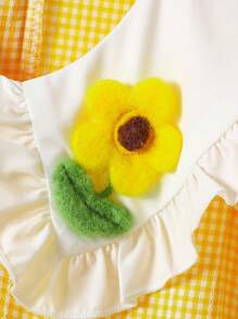 Girls' Gingham Print Ruffled Collar Lantern Sleeve Midi Dress With Floral Decor, Suitable For Casual Wear, Outings, Family Gatherings, Great Choice For Young Young Girl