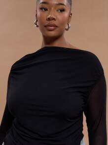 MUSERA Plus Size Off Shoulder Asymmetric Hem Fitted Ruched Sides Elegant Classy Cute Romantic Club Sexy Flared Sleeve Long Sleeved Top For Spring Summer Vacation Holiday Winter - Black - View 4