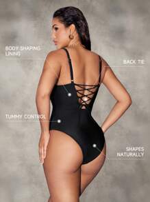 SHEIN Swim New Summer Women's Solid Color Adjustable Strap With Metal Decor Fitted One-Piece Swimsuit, Sexy & Elegant For Beach, Party, Valentine's Day - Black - View 8