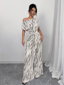 Elenzga Salopetă cu picior lat cu guler asimetric cu imprimeu Tie Dye, potrivită pentru întâlnire, muncă, vacanță, vacanță și ținute zilnice, boho de vară/vacanță/festival