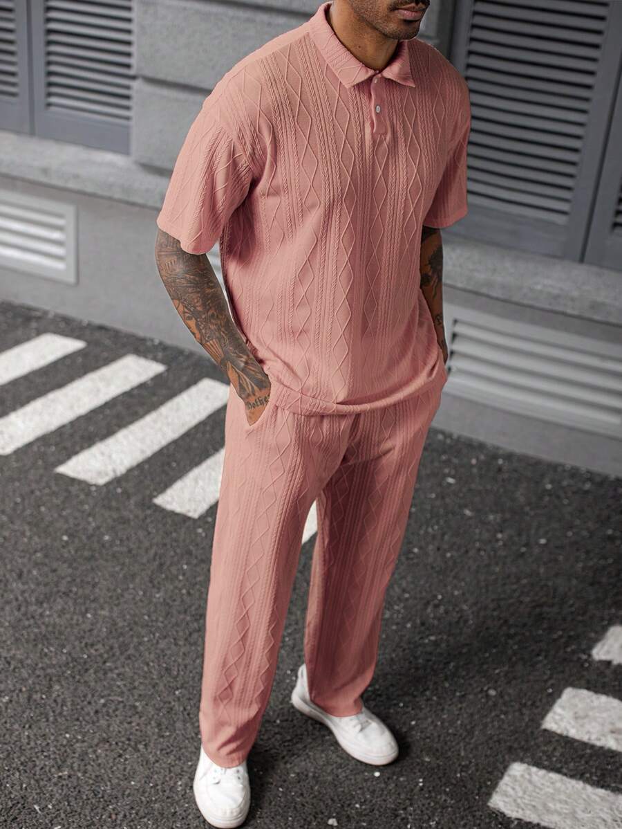 Manfinity Homme Men's Knitted Textured Polo Shirt & Shorts Set, Beige - Pink - View 1