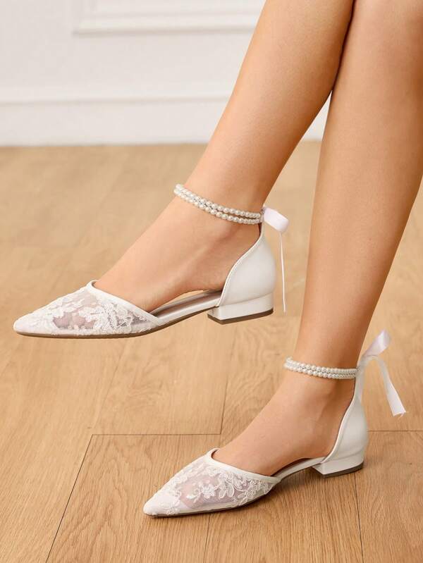 CUCCOO HITCHD Women's White Pearl Bow Lace Mesh Flat Shoes, Comfortable Elegant Low Heel Slip-On Shoes For Weddings And Parties