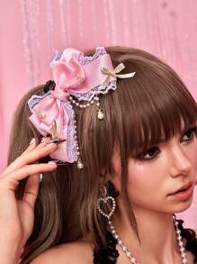 ROMWE J-Fashion 1pc Pink Bowknot & Star Element Beaded Hair Clip, Cute Sweet Style White Lace Edged Hair Clip, Handmade Lolita Tea Party Pearl Rhinestone Hair Accessory Claw Clips Hair Claws Hair Barrettes - Multicolor - View 1