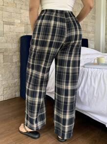 Dazy Plus 大码弹力腰宽松格子睡裤，居家/睡眠舒适，秋冬季穿着 - 藏蓝色 - 查看 2