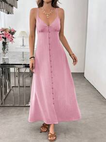 SHEIN LUNE 女士豆绿色亚麻柔软触感节日连衣裙 - 粉色 - 查看 3