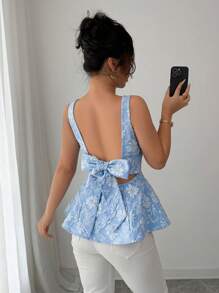 Elenzga Áo ba lỗ hở lưng thanh lịch trang trí nơ cho nữ, họa tiết hoa, mùa xuân/hè - Màu xanh lam - Xem 3