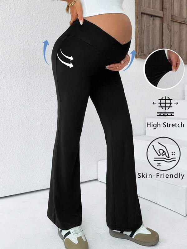 SHEIN Maternity Solid Color Asymmetrical Waist Flare Leggings Maternity Pants Maternity Bottoms Women Maternity Clothes Women Pants Tall