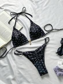 Swim Mod Springbreak Women Polka Dot Random Print Metal Decor Spaghetti Strap Sexy Bikini Set Beachwear Summer Outfits - Multicolor - View 2