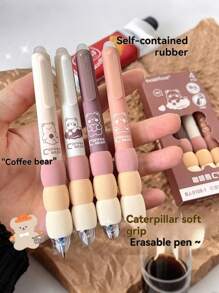 SHEIN 4 支/套可擦咖啡熊海绵握把中性笔，适合小学生使用，0.5 毫米，带 ST 按压，易擦笔帽，开学季适用