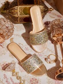 CUCCOO TILAWA Women's Summer Rhinestone Baroque Graphic Round Toe Flat Elegant Casual Minimalist Resort Gold Flat Sandals & Slippers For Beach, Holiday, Afternoon Tea