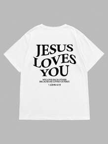 Manfinity Dauomo Jesus Loves You T-Shirt, Jesus T-Shirt, Christian Shirt, Aesthetic Clothing, Bible Verse Shirts, Jesus T-Shirt, Christian Products, Soft Colorful Round Neck Printed T-Shirt For Men - White - View 2
