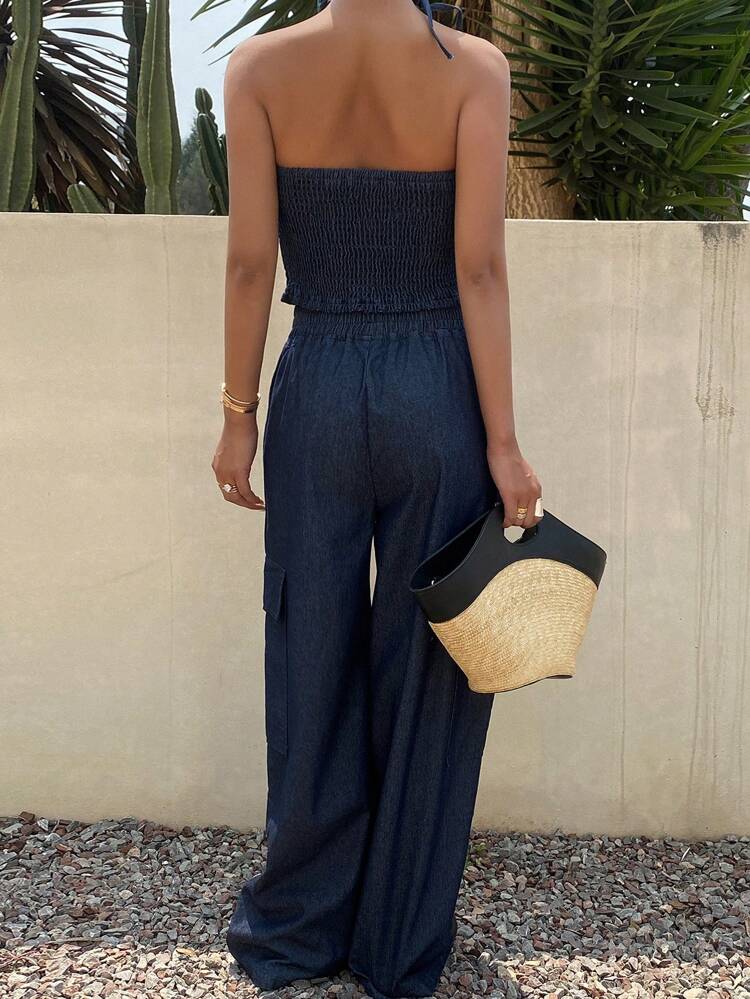 New Summer Music Festival Casual Strapless 2 Pieces Women Denim Clothing Set Vacation