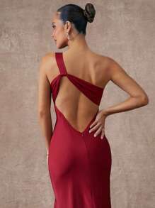 Silquee 女式纯色无袖露背褶边紧身连衣裙 - 酒紅色 - 查看 3
