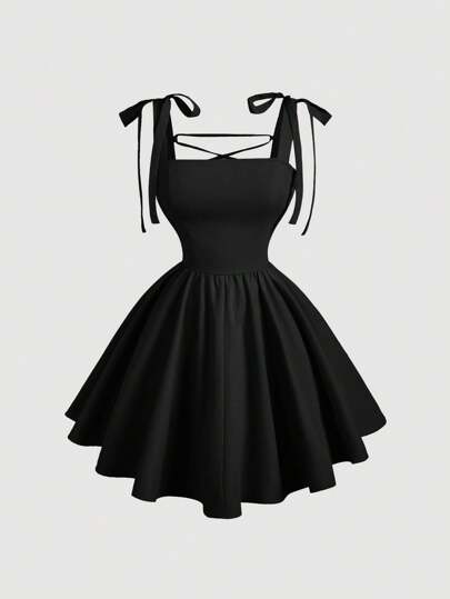 SHEIN MOD Vestido negro romántico con espalda descubierta y lazo, adecuado para citas, fiestas, vacaciones, té y cumpleaños
