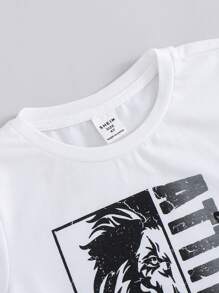 SHEIN Leap Crew 2 件套男童休闲字母 & 狮子图案短袖 T 恤和裤子套装 - 黑色 - 查看 3