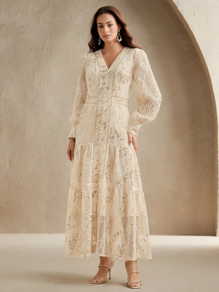 Anewsta Elaire Vestido de Manga Longa com Decote em V em Tecido de Lantejoula Texturizado Elegante da Primavera, para Férias, Praia, Casual, Old Money, Chique