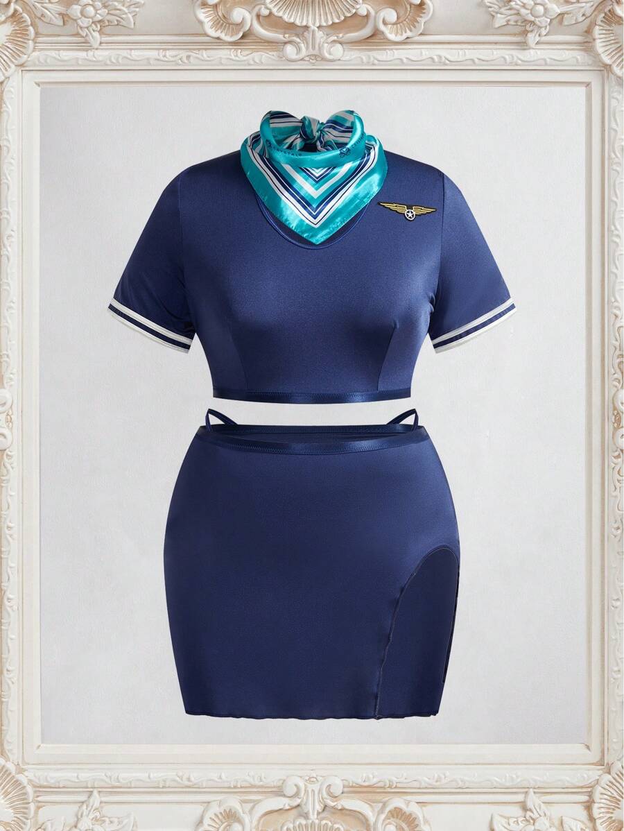 SHEIN طقم ملابس داخلية من 4 قطع بنمط مخطط للنساء ذوات الأحجام الكبيرة، بأكمام قصيرة وبدون سلك - أزرق بحري - مشاهدة 1