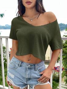 SHEIN EZwear 女式军绿色 V 领短袖华夫格针织短款 T 恤，夏季 - 軍綠色 - 查看 3