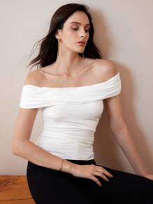 Chiquease Women's Stretchy Knit Casual Cute Retro Elegant Ruched Off Shoulder Tie Strap Top - White - View 2