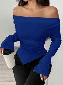 Airlisse Asymmetrical Hem Off-Shoulder Knit Top With Cinched Waist Fall Cloth For Women - Royal Blue - View 5