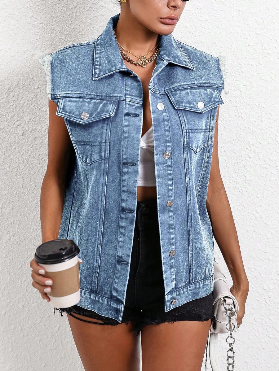 EMERY ROSE Women's Front Button Sleeveless Pocket Simple Casual Denim Jacket - Light Wash - View 1