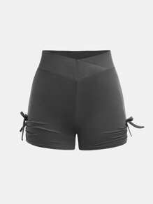 Set de 2 piezas de Licras y shorts ciclistas con cintura fruncida y lazo en estilo deportivo para niñas preadolescentes, ideal para volver al colegio - Multicolor - Ver 8