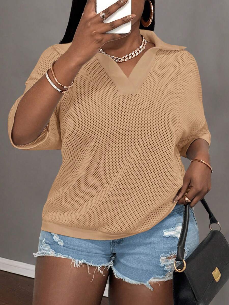 Slaydiva 休闲宽松纯色米色V领落肩镂空针织大码女式上衣，适合春夏穿着