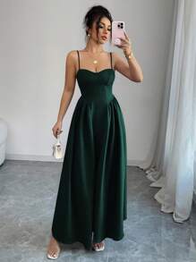 Elenzga Trägerloses, gerafftes Taille A-Linien Kleid in Denim-Optik, elegant romantisch für Frauen - Dunkelgrün - Übersicht 6