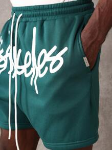 SUMWON 涂鸦标志印花运动低裆运动短裤，抽绳腰部，休闲运动都市街头篮球健身跑步训练短裤 - 墨綠色 - 查看 7