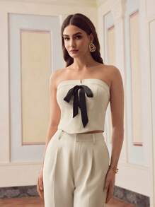 ZEYLAH Women Solid Color Front Tie Tube Top - Beige - View 5