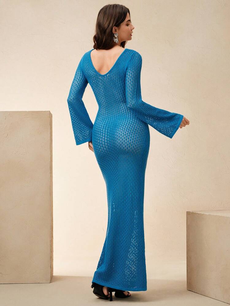 Women's Solid Color Hollow Out Knit Cover Up Dress, Suitable For Beach Vacation For Summer