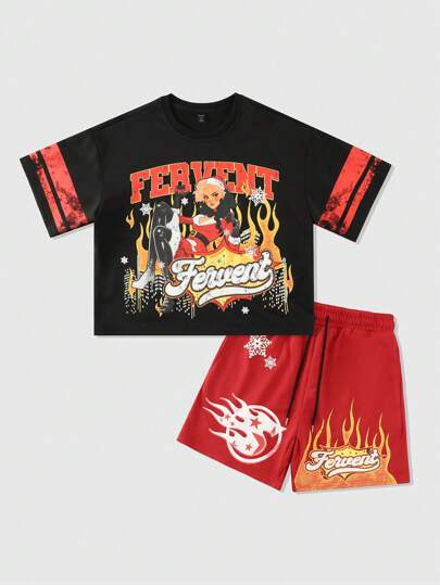 1 conjunto de camiseta y shorts con estampado de anime para hombres, de moda para el verano