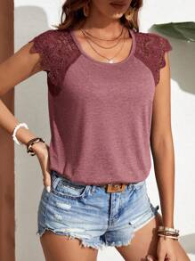SHEIN Frenchy 女士夏季純色蕾絲拼接寬袖休閒合身T恤
