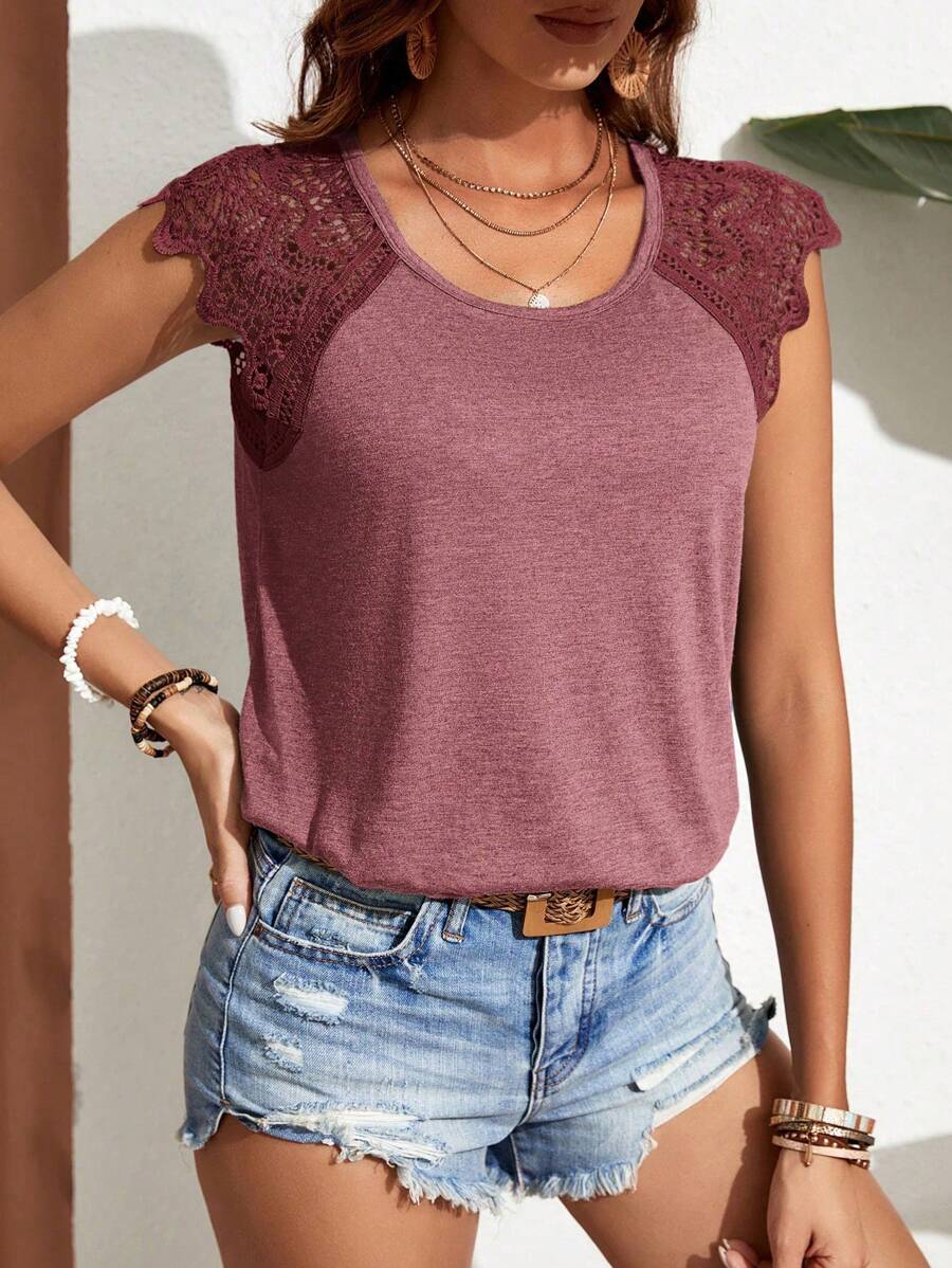 SHEIN Frenchy 女士夏季純色蕾絲拼接寬袖休閒合身T恤