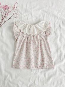 Vintaside Kids Baby Girl Peter Pan Collar Ditsy Floral Short Sleeve Top, Simple And Versatile Design, Perfect For Casual And Leisure Wear In Spring And Summer - Multicolor - View 2