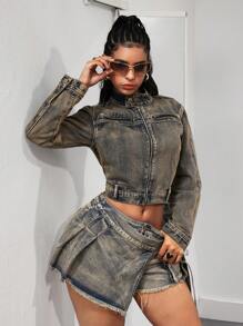 SHEIN PETITE Women's Buckle Waist Design Cargo Pocket Pleated Frayed Hem Fashion Denim Skort - Blue - View 6