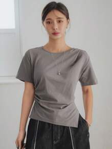 Dazy-Less 女士简约纯色商务休闲不对称下摆褶皱侧开衩短袖 T 恤，夏季 - 灰色 - 查看 6