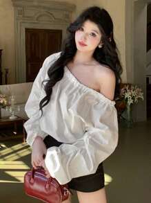 DAZY Blusa blanca holgada con hombros oblicuos y cordón ajustable, adecuada para primavera, verano y otoño - Blanco - Ver 5