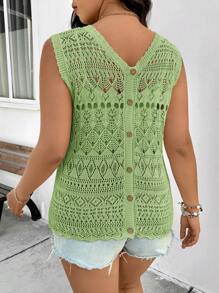 SHEIN Frenchy Plus Size Knitted Vest, Sleeveless, Solid Color, Fashion, Suitable For Summer - Green - View 2